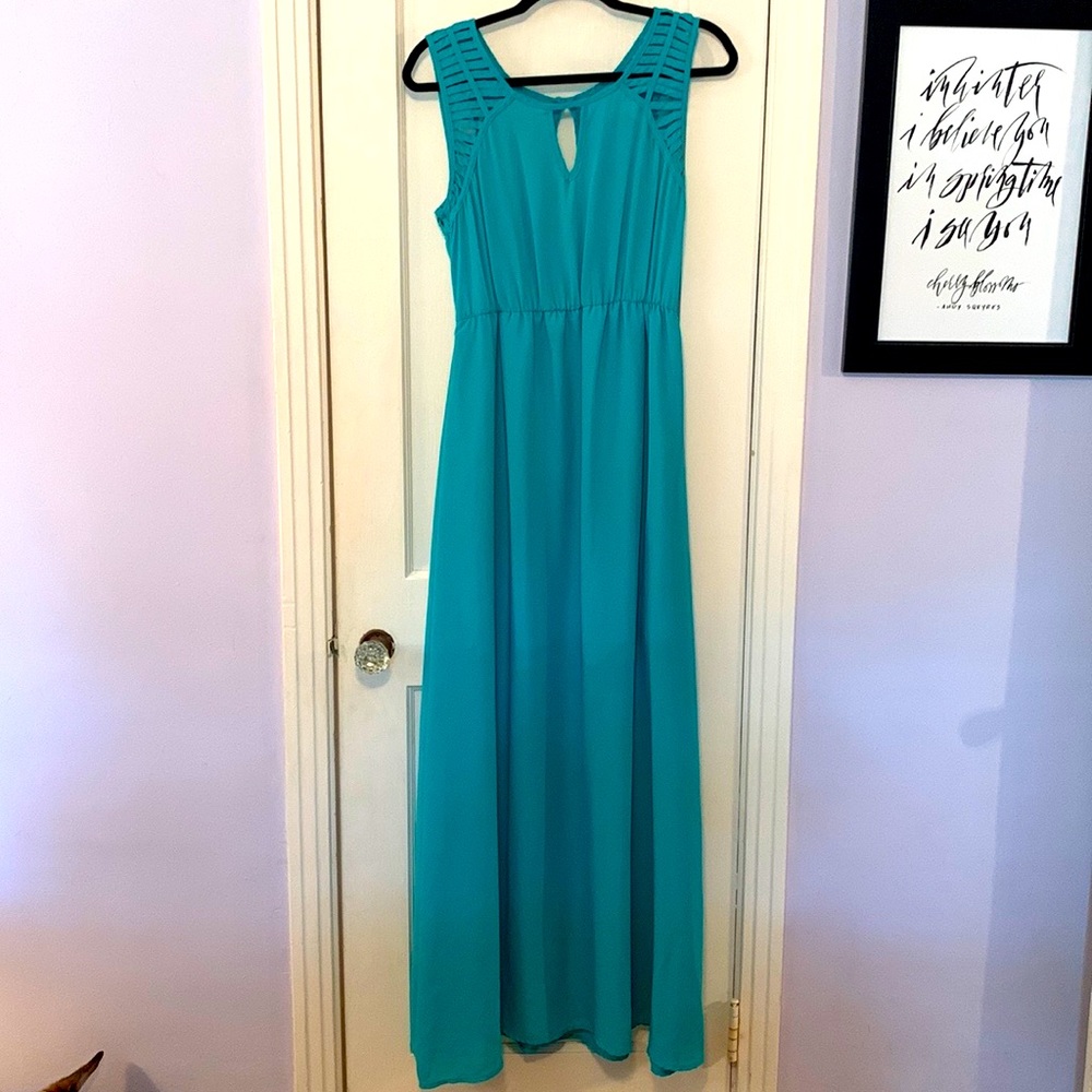 Teal floor length float dress